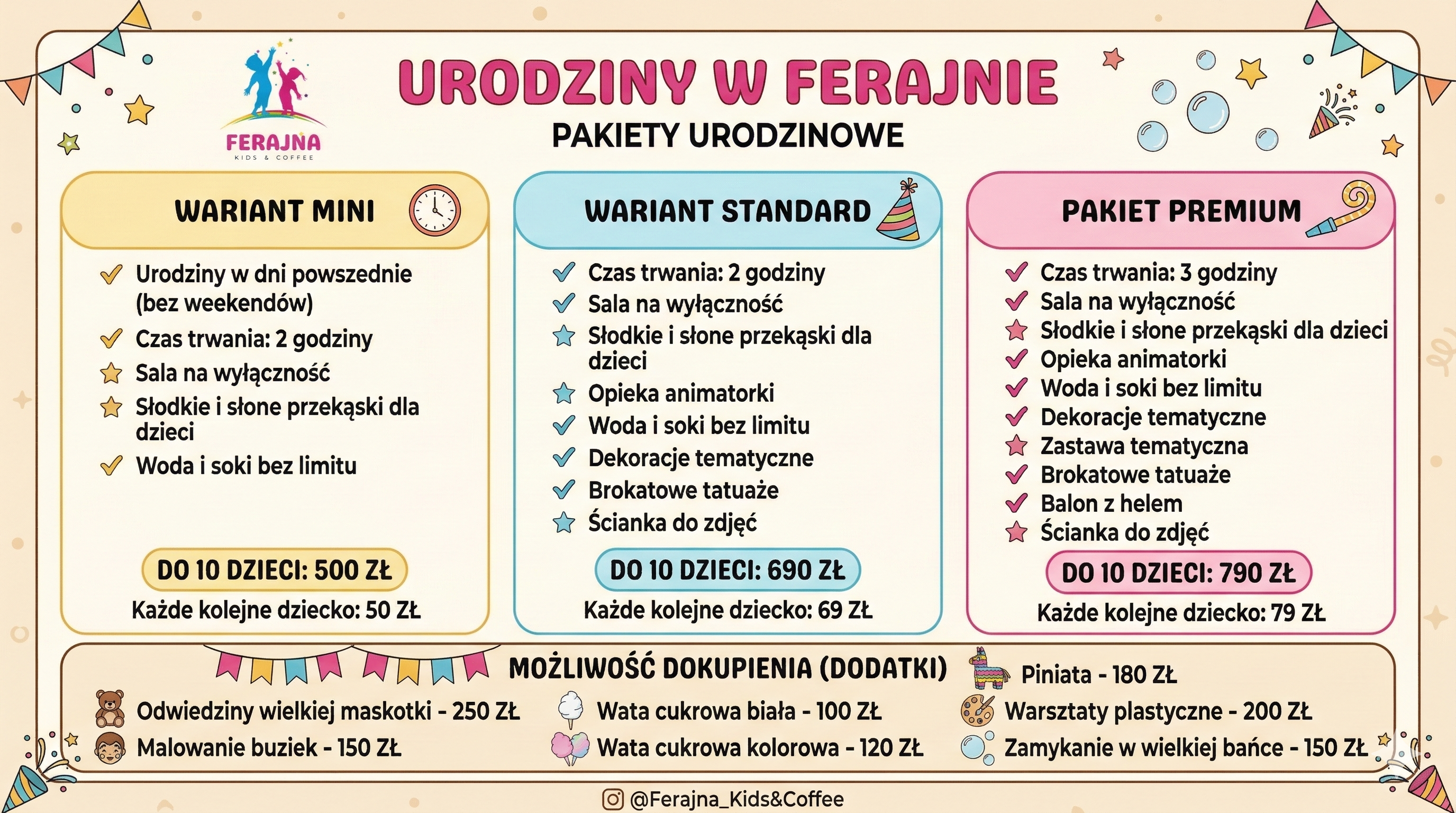 Pakiety urodzinowe Ferajna — Mini 500 zł, Standard 690 zł, Premium 790 zł