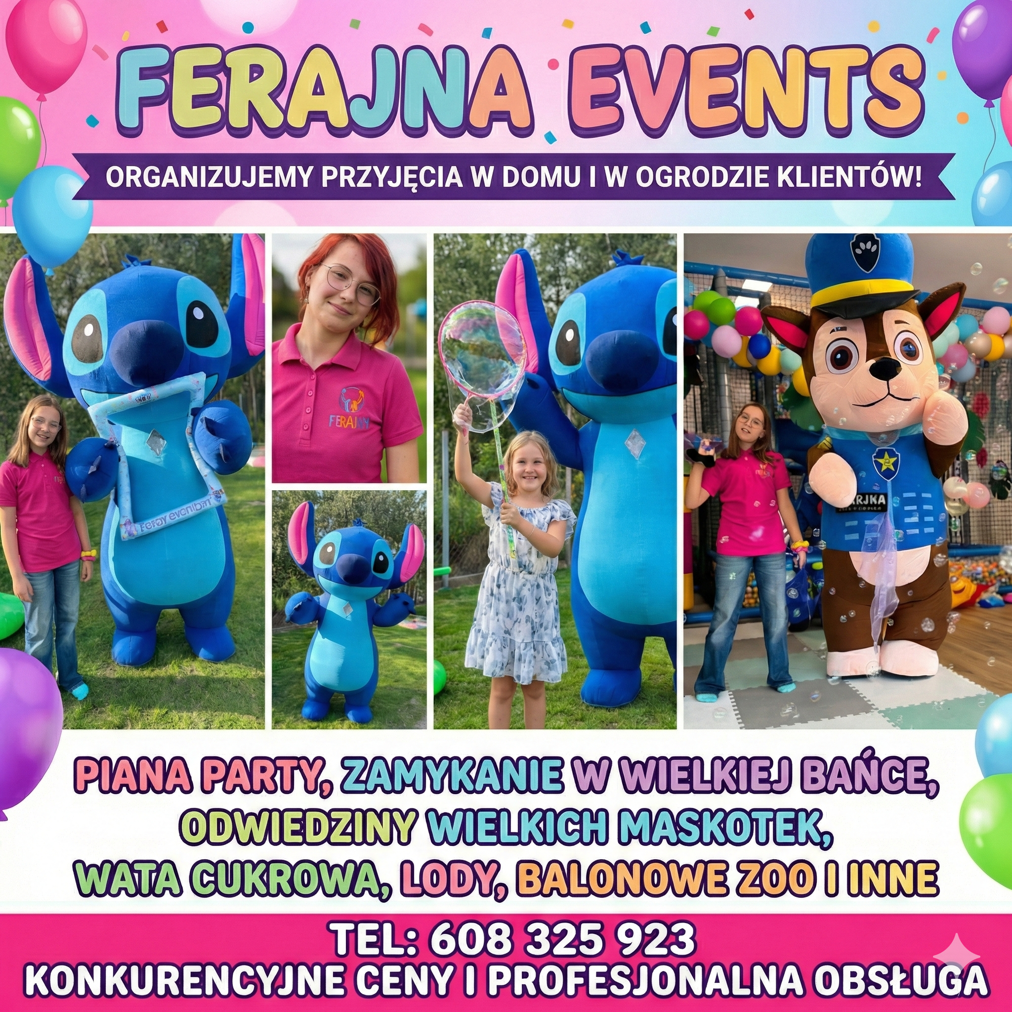 Ferajna Events — maskotki Stitch i Psi Patrol na urodzinach